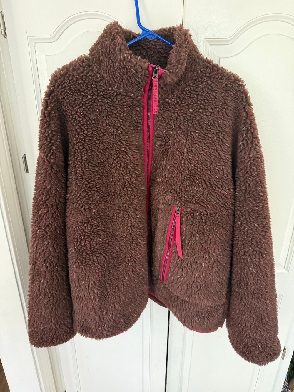UGG Marlene Confetti Sherpa Fleece Jacket Women’s Large Cola Brown Pink NWT ZIP